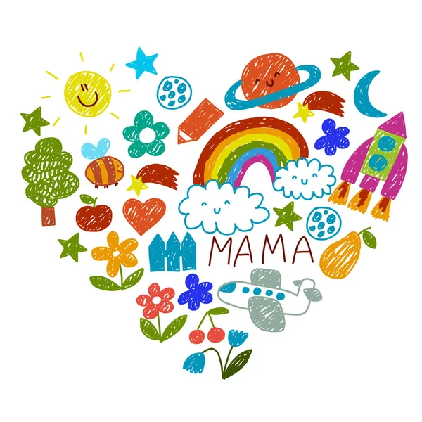 Pola taman kanak-kanak untuk anak kecil. Ikon lucu dan karakter untuk anak-anak. Rocket, ruang, bulan  . Stok Ilustrasi Bebas Royalti