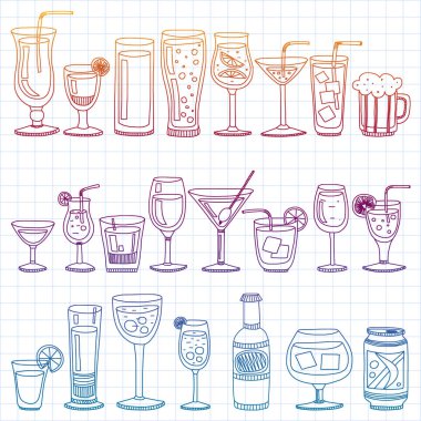 Vektör set menü için popüler kokteyller. Doodle stil ikonları.