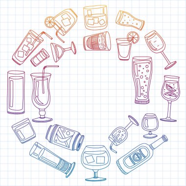 Vektör set menü için popüler kokteyller. Doodle stil ikonları.