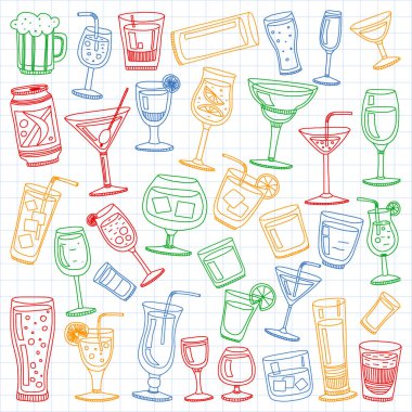 Vektör set menü için popüler kokteyller. Doodle stil ikonları.