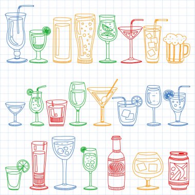 Vektör set menü için popüler kokteyller. Doodle stil ikonları.