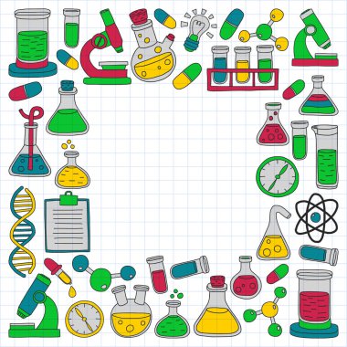 Kimya, bilim simgeler vektör kümesi. Laboratuvar Ekipmanları görüntüleri ile desen.