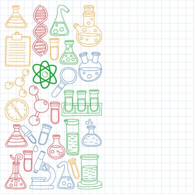 Kimya, bilim simgeler vektör kümesi. Laboratuvar Ekipmanları görüntüleri ile desen.