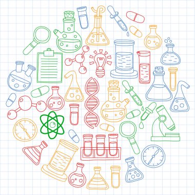 Kimya, bilim simgeler vektör kümesi. Laboratuvar Ekipmanları görüntüleri ile desen.