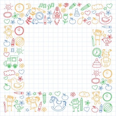 Vektör Anaokulu çocuk kümesiyle doodle. Küçük çocuk oynamak, öğrenmek, birlikte eğleniyor