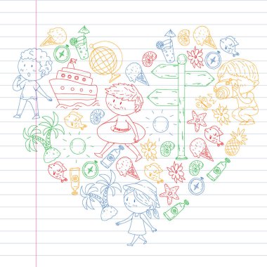 Mutlu çocuklar oynarken deniz kıyısı, plaj, deniz, okyanus. Çocuklar tatil ve seyahat. Yüzme, doodle simgeler küre, cruise gemisi, kokteyller