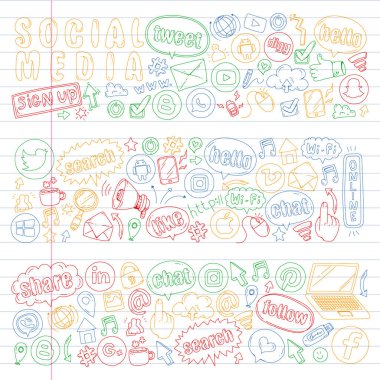 Sosyal medya ve ekip çalışması simgeler. Doodle görüntüler. Yönetimi, iş, Infographic.