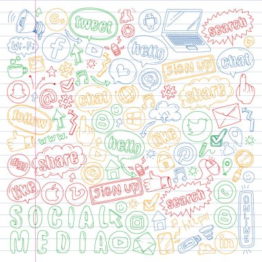 Sosyal medya ve ekip çalışması simgeler. Doodle görüntüler. Yönetimi, iş, Infographic.