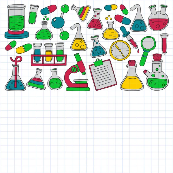 Vector set of chemistry, science icons. Pattern with laboratory equipment images. — Stock Vector