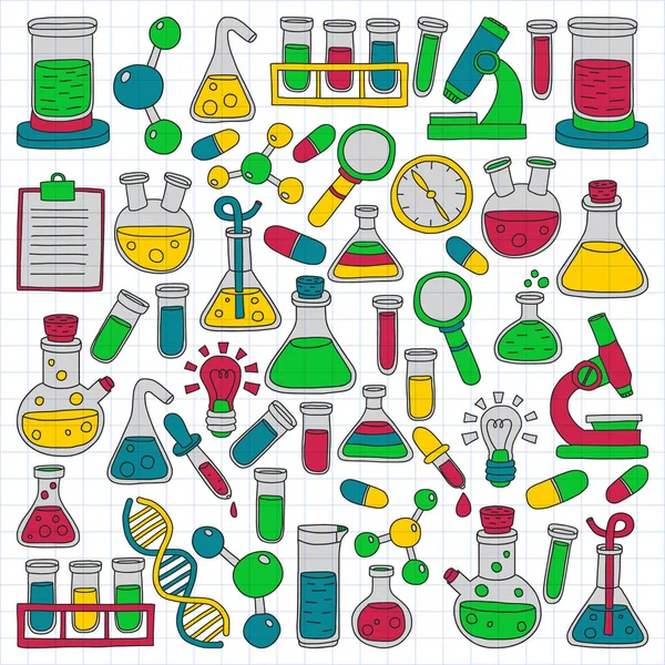 Conjunto vectorial de química, iconos científicos. Patrón con imágenes de equipos de laboratorio . — Vector de stock