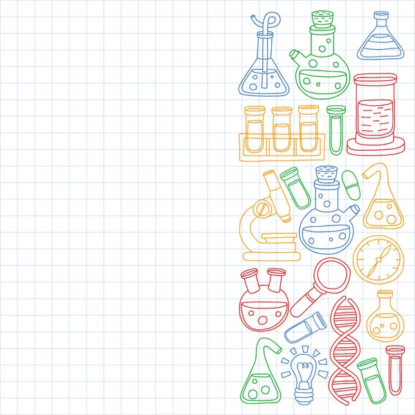 Vector set van scheikunde, science pictogrammen. Patroon met laboratorium apparatuur beelden. — Stockvector