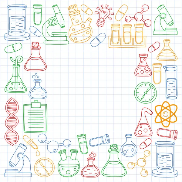 Conjunto vectorial de química, iconos científicos. Patrón con imágenes de equipos de laboratorio . — Archivo Imágenes Vectoriales