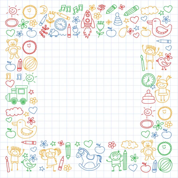 Vektor Doodle Set mit Kindergartenkindern. Kleine Kinder spielen, lernen, gemeinsam Spaß haben — Stockvektor