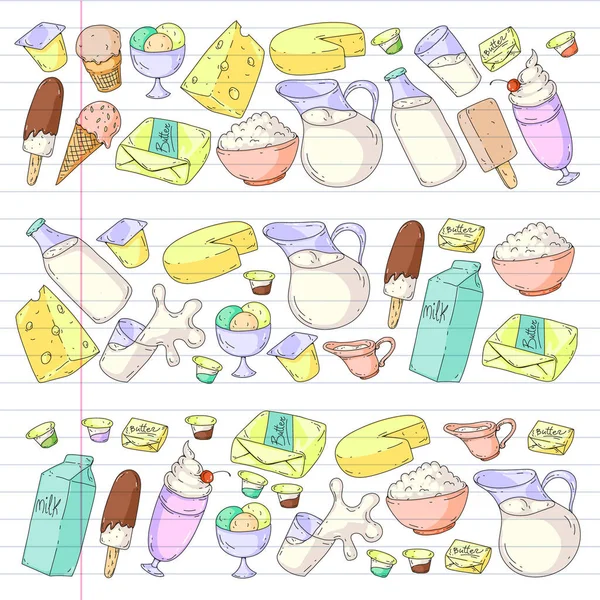 Productos lácteos. Iconos de Doodle. Dieta, desayuno. Leche, yogur, queso, helado, mantequilla. Comer alimentos frescos y saludables y ser feliz . — Vector de stock