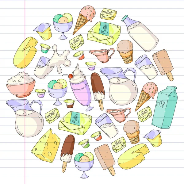 Milchprodukte. Doodle-Symbole. Ernährung, Frühstück. Milch, Joghurt, Käse, Eis, Butter. frisch und gesund essen und glücklich sein. — Stockvektor