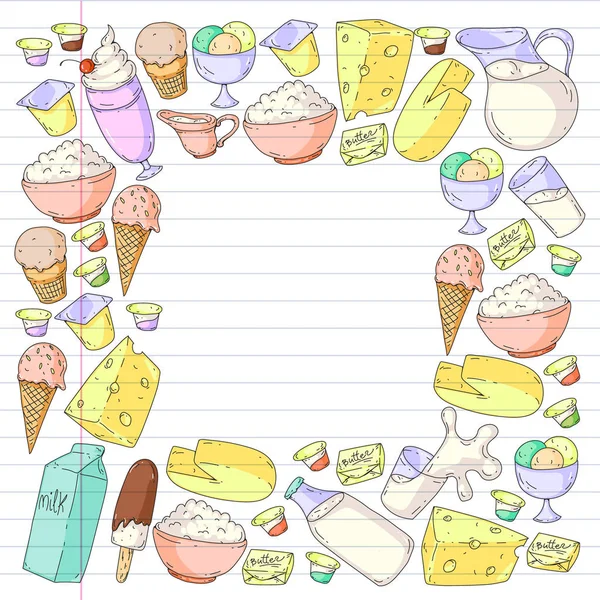 Productos lácteos. Iconos de Doodle. Dieta, desayuno. Leche, yogur, queso, helado, mantequilla. Comer alimentos frescos y saludables y ser feliz . — Vector de stock