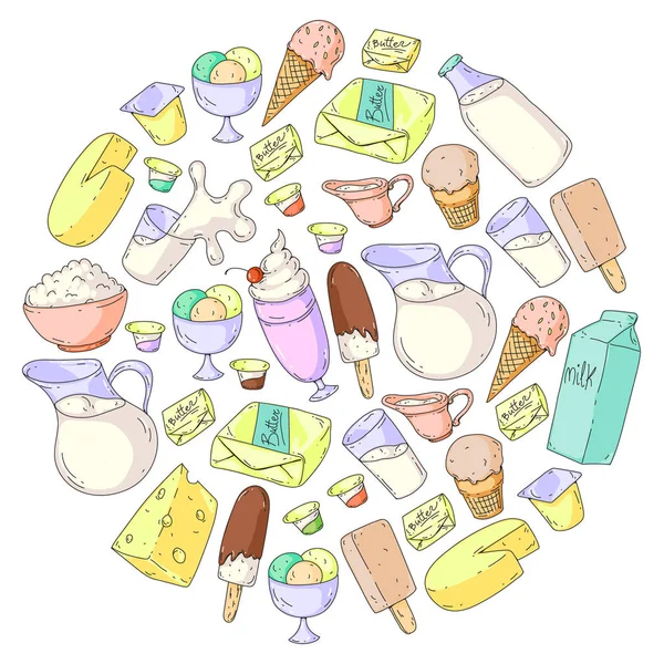 Dairy products. Doodle icons. Diet, breakfast. Milk, yogurt, cheese, ice cream, butter. Eat fresh healthy food and be happy. — Stock Vector