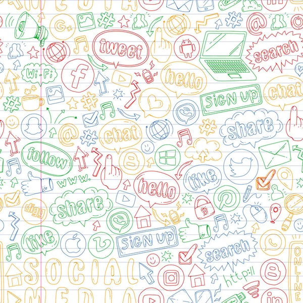 Iconos de redes sociales y trabajo en equipo. Doodle imágenes. Gestión, negocios, infografía . — Vector de stock