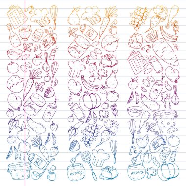 Sağlıklı gıda ve yemek. Meyve, sebze, ev için. Vektör set doodle.