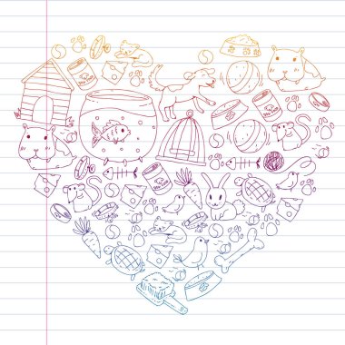 Evde beslenen hayvan dükkan. Vektör çizim hayvanlar, köpek, kedi, balık, kedi, kuş, köpek ile renkli arka plan ile. Veteriner Kliniği.