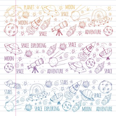 Uzay vektör çizim. Bilim, teknoloji desen. Roket ve uzay.