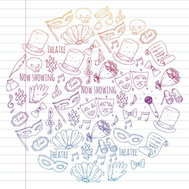 Tiyatro vektör çizim. Entertaiment, sinema, sahne, olay. Afiş, poster için arka plan.