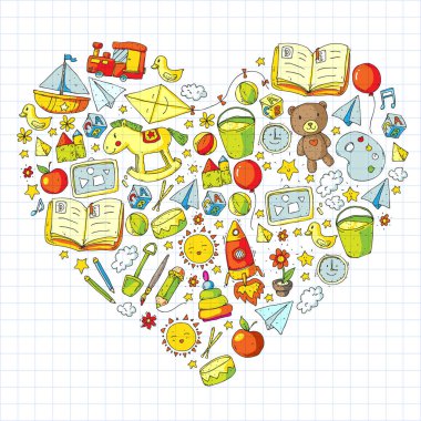 Anaokulu oyuncakları ile. Çocuklar için şablon. Küçük okul öncesi çocuklar eğitim. Oyun çizim, öğrenme,