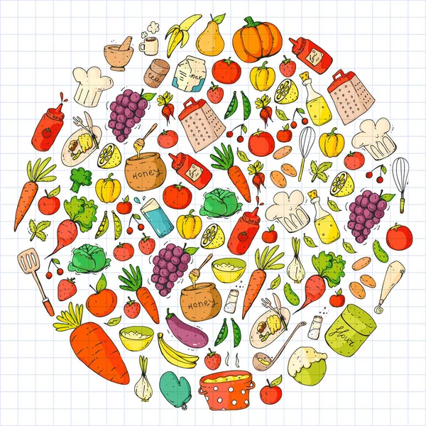 Sağlıklı gıda ve yemek. Meyve, sebze, ev için. Vektör set doodle. — Stok Vektör