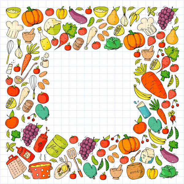 Gezond eten en koken. Fruit, groenten, huishouden. Doodle vector set. — Stockvector