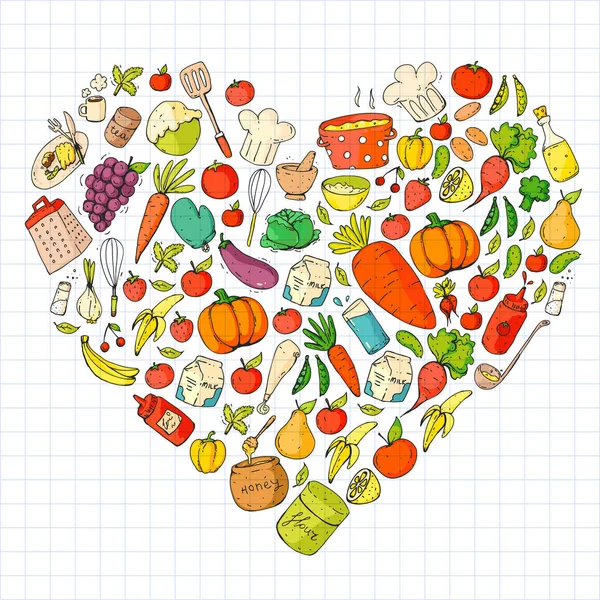 Comida saudável e cozinhar. Frutas, legumes, casa. Conjunto de vetor Doodle . — Vetor de Stock