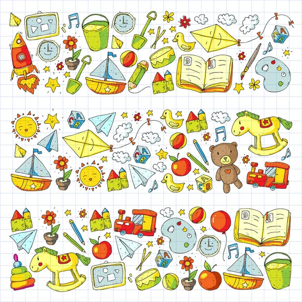 幼儿园与玩具。儿童模式。小孩子教育。绘画、学习、娱乐 — 图库矢量图片