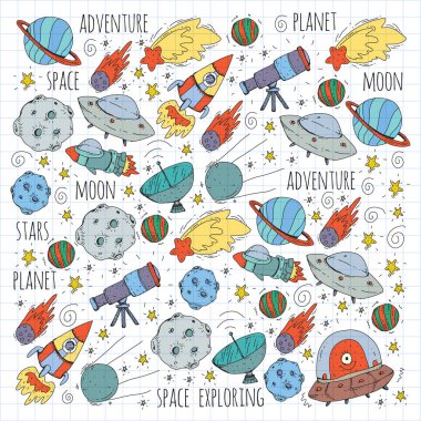 Uzay vektör çizim. Bilim, teknoloji desen. Roket ve uzay.