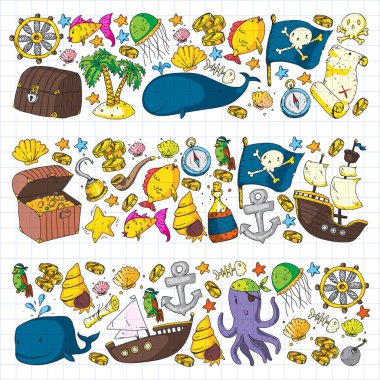 Okyanus ve deniz çocuklar için. Çocuklar için şablon. Korsan Partisi. Sevimli balıklar, hayvanlar, hazineler. Çocuklar tatil desen, plaj oyuncakları ve öğeleri.