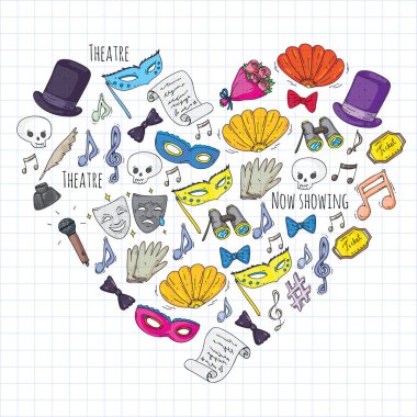 Tiyatro vektör çizim. Entertaiment, sinema, sahne, olay. Afiş, poster için arka plan.