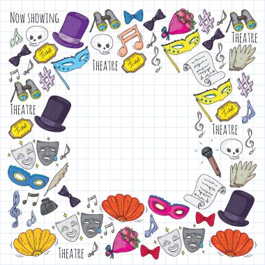 Tiyatro vektör çizim. Entertaiment, sinema, sahne, olay. Afiş, poster için arka plan.