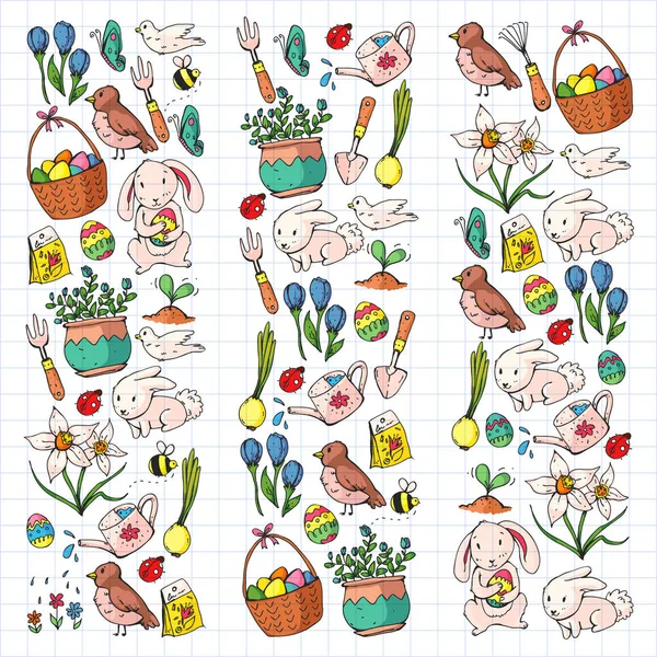 复活节向量例证。图案的弹簧设计。贺卡的假日装饰。兔子, 兔子字符, 蛋, 花, 季节性元素. — 图库矢量图片