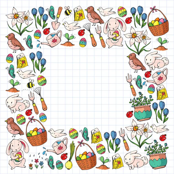 Ilustración vectorial Pascua. Diseño de primavera para patrones. Decoración navideña para tarjetas de felicitación. Conejo, carácter conejito, huevos, flores, elementos de temporada . — Vector de stock