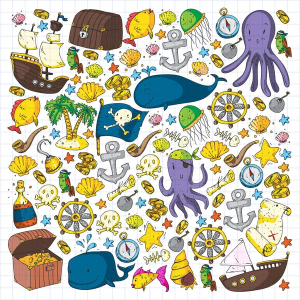 바다와 아이 들을 위한 바다 소년에 대 한 패턴입니다. 해 적 파티입니다. 귀여운 물고기, 동물, 보물입니다. 아이 휴가 패턴, 비치 장난감 및 요소. — 스톡 벡터