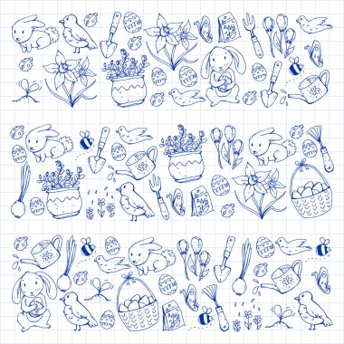 Paskalya vektör çizim. Bahar tasarımı desen için. Tatil dekorasyon için tebrik kartları. Tavşan, tavşan karakteri, yumurta, çiçekler, mevsimlik öğeleri