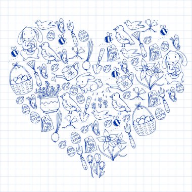 Paskalya vektör çizim. Bahar tasarımı desen için. Tatil dekorasyon için tebrik kartları. Tavşan, tavşan karakteri, yumurta, çiçekler, mevsimlik öğeleri