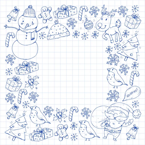 Рождественская Зимняя Вечеринка Новым Годом Булфинч Санта Клаус Снеговик Олень — стоковый вектор