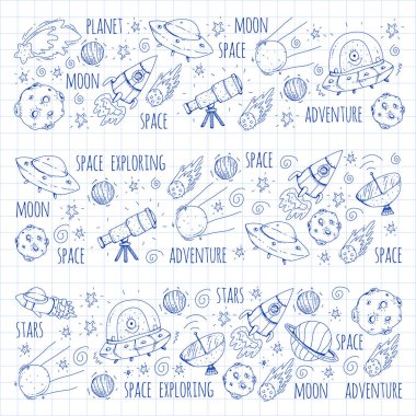 Uzay vektör çizim. Bilim, teknoloji desen. Roket ve uzay.