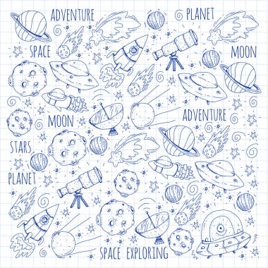 Uzay vektör çizim. Bilim, teknoloji desen. Roket ve uzay.