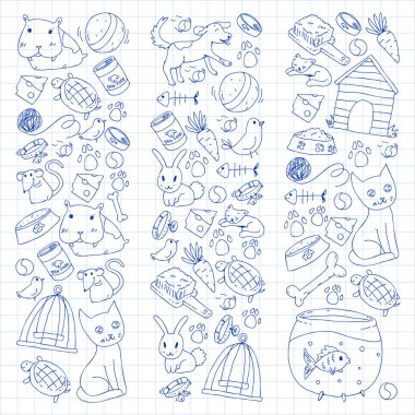 Evde beslenen hayvan dükkan. Vektör çizim hayvanlar, köpek, kedi, balık, kedi, kuş, köpek ile renkli arka plan ile. Veteriner Kliniği.