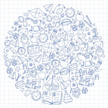 Anaokulu oyuncakları ile. Çocuklar için şablon. Küçük okul öncesi çocuklar eğitim. Oyun çizim, öğrenme,