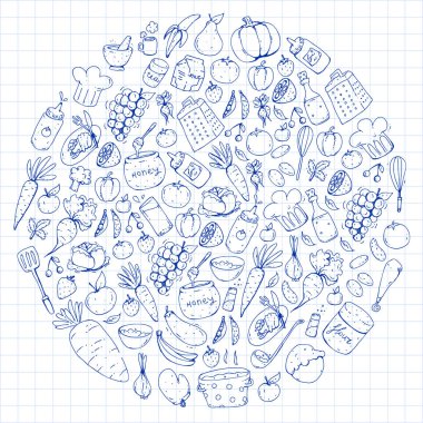 Sağlıklı gıda ve yemek. Meyve, sebze, ev için. Vektör set doodle.