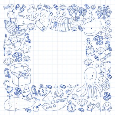 Okyanus ve deniz çocuklar için. Çocuklar için şablon. Korsan Partisi. Sevimli balıklar, hayvanlar, hazineler. Çocuklar tatil desen, plaj oyuncakları ve öğeleri.