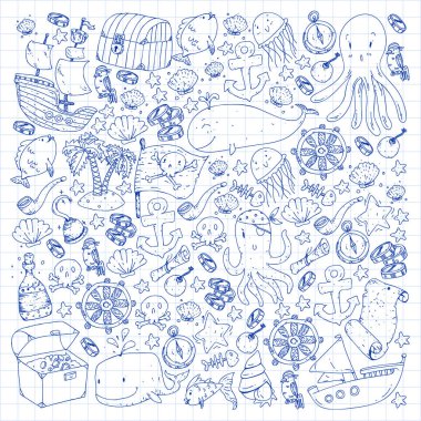 Okyanus ve deniz çocuklar için. Çocuklar için şablon. Korsan Partisi. Sevimli balıklar, hayvanlar, hazineler. Çocuklar tatil desen, plaj oyuncakları ve öğeleri.