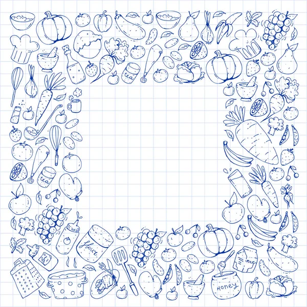 Aliments sains et cuisine. Fruits, légumes, ménage. Ensemble de vecteurs Doodle . — Image vectorielle