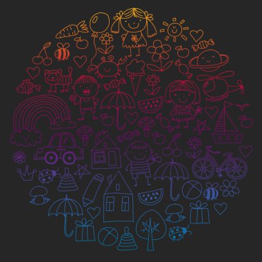 Sevimli çocuk ve oyuncaklar ile anaokulu desen. Stil illüstrasyon çizim çocuklar.